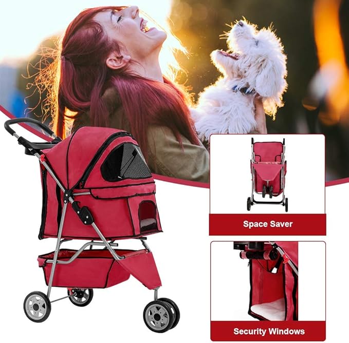 BestPet 3 Wheels Pet Dog Stroller Cat Cage for Medium Small Dogs Cats Travel Folding Carrier Waterproof Puppy Stroller with Cup Holder & Removable Liner,Red