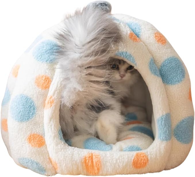 Cat Polka Dot Bed Cave, Warm Enclosed Hideaway for Kitten (Blue,Large) | Yurt-inspired semi-open den, Soft comfy interior, Spotted pattern, Winter nap spot, Small apartment pet furniture by Urnat