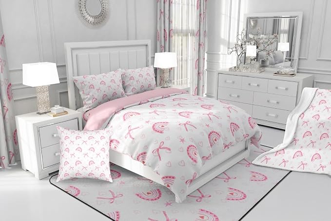 Manfei Pink Rainbow Comforter Set,Dreamy Bowknot Bow Ribbon Princess Style Bedding Set for Adults Living Room,Romantic Love Hearts Graffiti Pink White Quilt Set 3 Pcs with 2 Pillowcases,King - Image 7