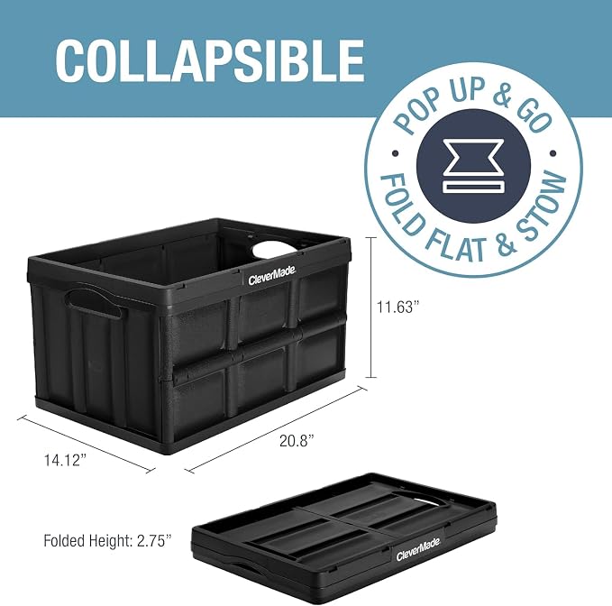 CleverMade Collapsible Storage Bins, 46L, 3 Pack, Stone | Each bin supports 75 lb for groceries, tools, or gear. Interlocking bases stack securely, and the bins fold to 2.75 inches. - Image 2