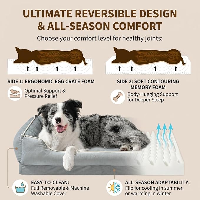 FAIRYPET Orthopedic Dog Bed for Medium to Large Dogs & Cats, Memory Foam Dog Bed with Washable Removable Cover, Top-Grade Dutch Velvet Fabric Pet Sofa Couch for Crate with Nonskid Bottom, Grey - Image 3