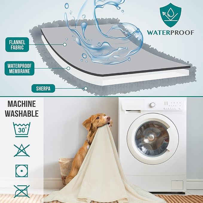 PETAMI Sherpa Fleece Waterproof CAT and Dog Blanket, Beige, Large - Image 5