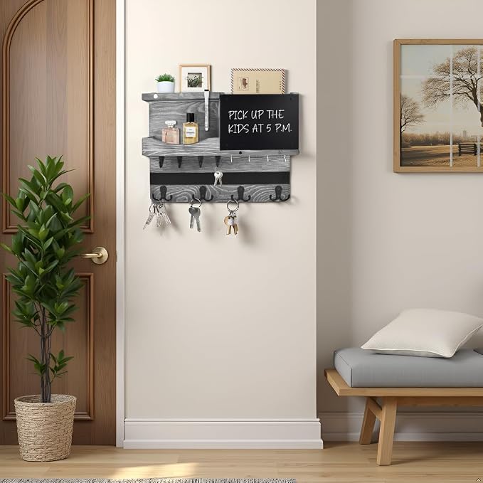Key Holder for Wall Mount with Shelf and Mail Organizer, Key and Mail Holder with 16 Hooks, Farmhouse Entryway Organizer, Home Decor Rack(Pine Wood,Washed Gray) - Image 5