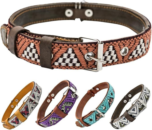 Western Dog Collar - Leather Embroidered Design for Small Medium Large Dogs & Puppy Pets - Aztec Southwest for Boy Girl Female & Male Dogs - Collar para Perros Beaded (Medium, Brown Rust)