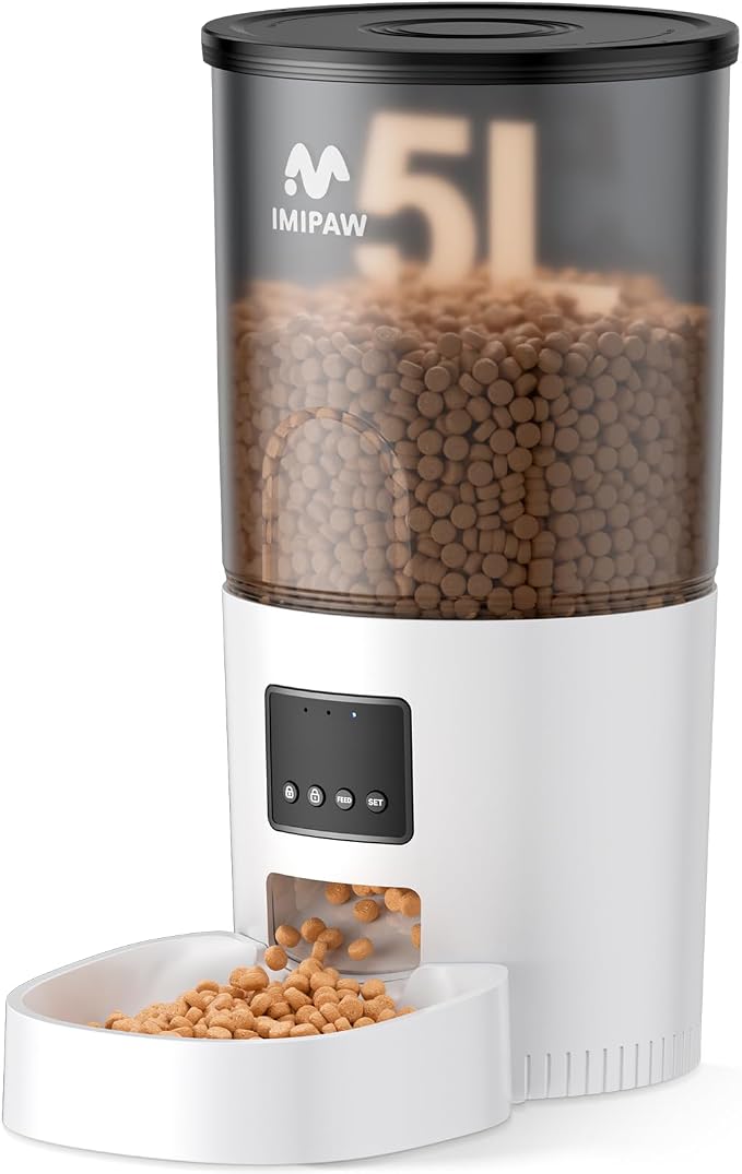 IMIPAW Automatic Cat Feeder, 5L Pet Dry Food Dispenser with Timed Programmable Portion Control, Dual Power Backup, with Desiccant Bag, 1-10 Meals, Easy Set Up, 10 Meals Per Day for Cats and Puppies by IMIPAW