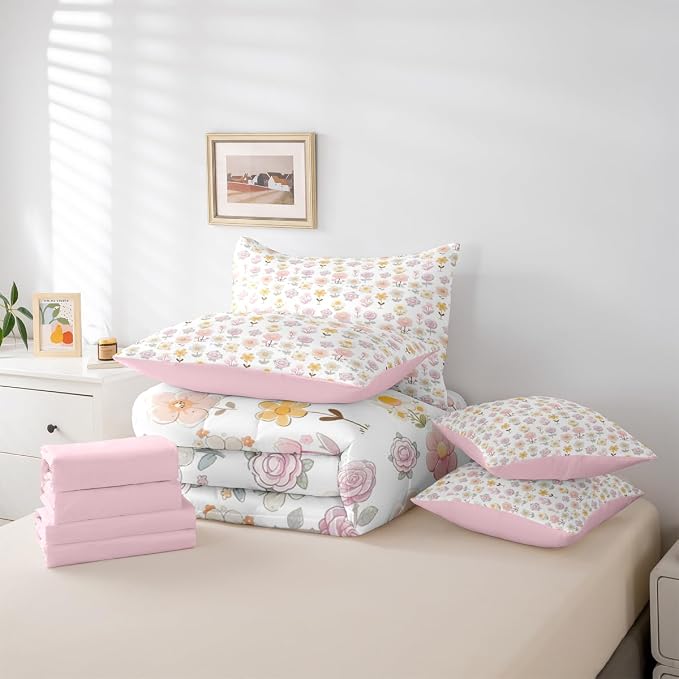 Feelyou Cute Flower 7 Piece Bedding Set Yellow Pink Floral Comforter Set with Sheets for Kids Boys Girls Romantic Blossom Bed in a Bag Cartoon Style Bed Set Soft Lightweight - Image 5