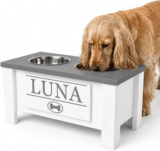 Elevated Dog Bowls, Personalized Raised Dog Bowl Stand for Medium Dogs | Farmhouse Style, Elevated Wood Stand, Storage Container, Stainless Steel Bowls, Raised Anti-Slip Feeder, Made in USA by GrooveThisWoodshop