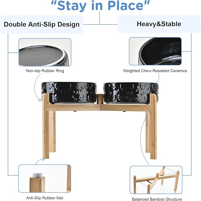 SPUNKYJUNKY Elevated Dog Bowls Ceramic, 8.3'' Dogs Food Water Bowls Raised with Non-Slip Bamboo Stand for Large Sized Breed Microwave Dishwasher Safe - 60 OZ,Skull Black - Image 4