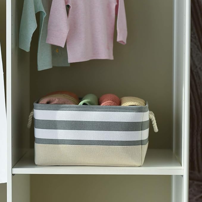 TheWarmHome Storage Basket Fabric Basket with Handles Dog Toy Basket Cloth Storage Bin Shelf Basket Decorative Storage Basket Shoe Basket Gift Basket(Grey&White Stripes-1 Pack,15.7L×11.8W×8.3H) - Image 5