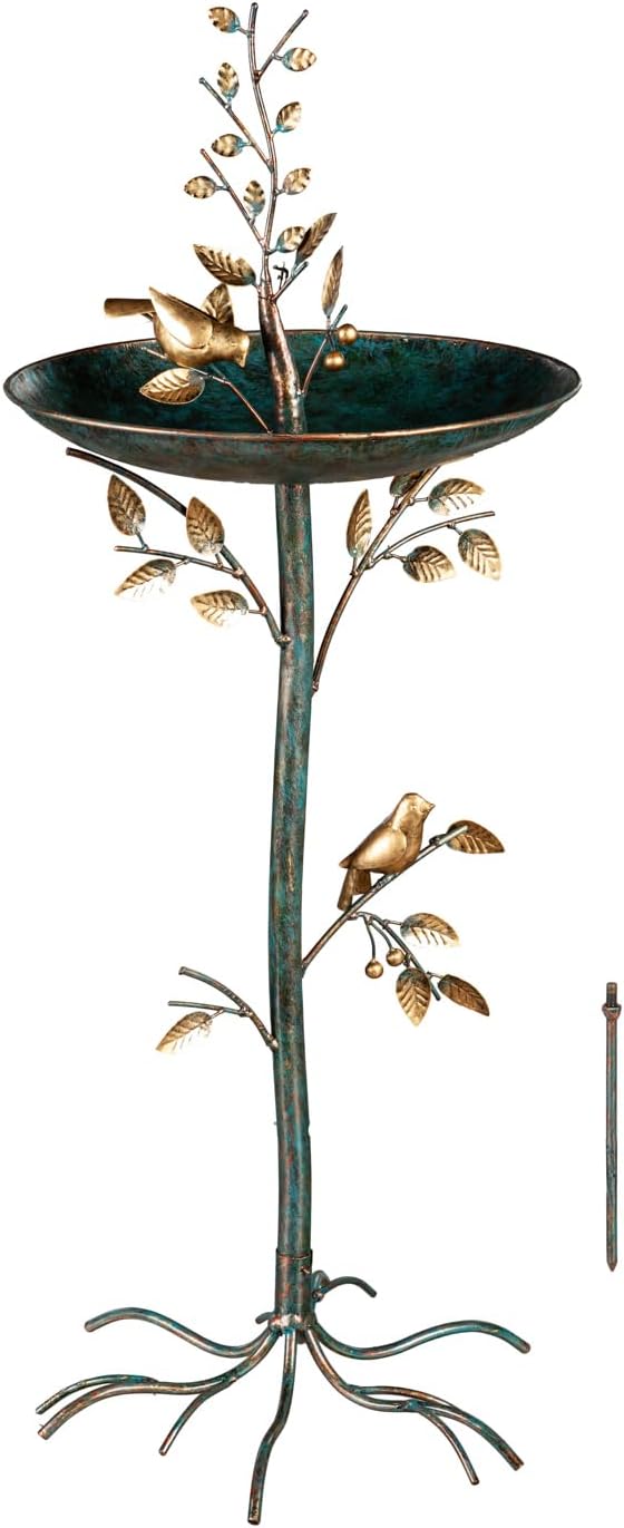 Evergreen Cast Metal Outdoor Garden Bird Bath and Feeder on Pedestal | Birds on Leafy Branch | 37.5 inches Tall | Antique Finish | Round Bowl Outside Rustic Decor Patio Porch Deck by EvergreenGarden