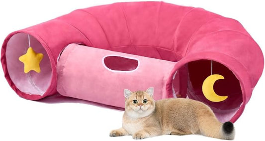 Cat Tunnel, Large Indoor Durable Collapsible Interactive Cat Tube with Peek-A-Boo Hole, Hanging Toys, and Crinkly Paper Lining - Cute Tunnel for Cats, Kittens, Puppies & Rabbits, Pink by Thanksforyourfollow