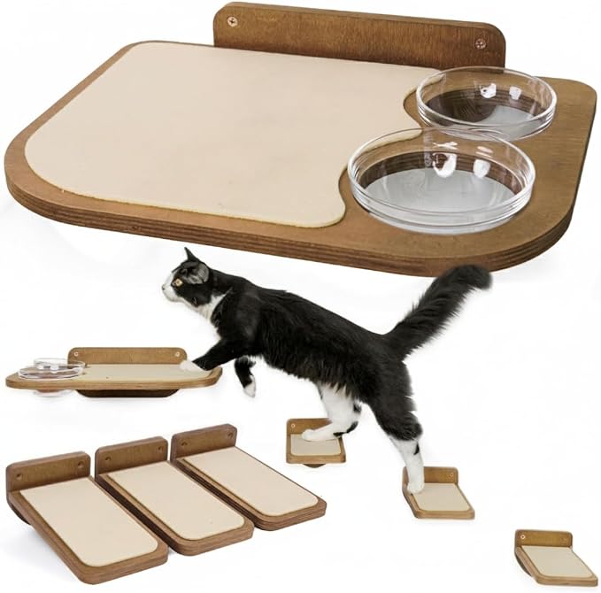 INICIO Cat Shelves - Feeding Shelf with 3 Cat Wall Steps - Natural Wood | Cat Wall Shelves with Wall Mounted Cat Food Bowls - Dog Proof Feeding Station and Convenient Feeder for Cats up to 15lbs by INICIO