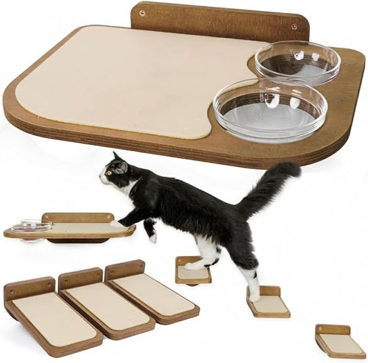 INICIO Cat Shelves - Feeding Shelf with 3 Cat Wall Steps - Natural Wood | Cat Wall Shelves with Wall Mounted Cat Food Bowls - Dog Proof Feeding Station and Convenient Feeder for Cats up to 15lbs by INICIO