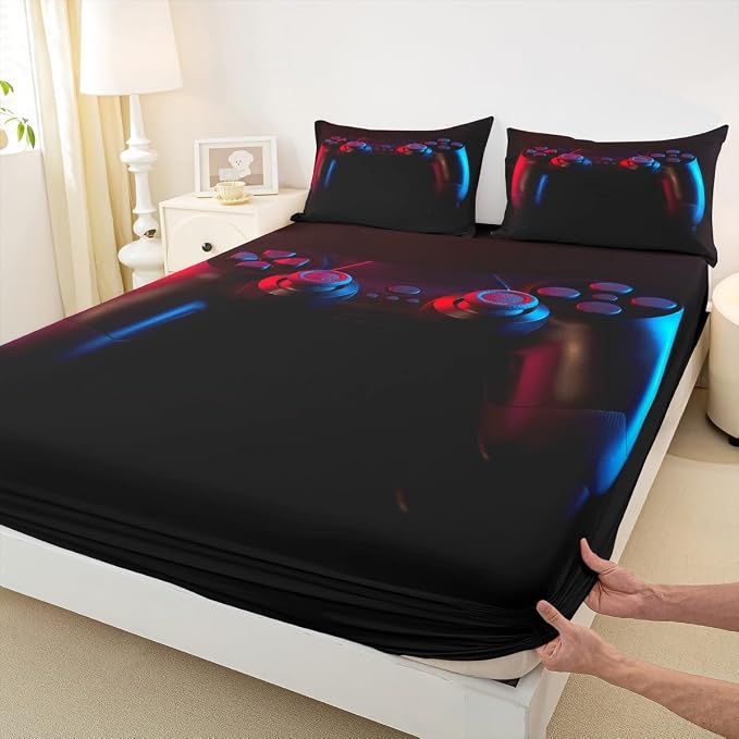 Erosebridal Games Bedding Set Queen Size,Kids Gamer Bed Sheet Set Teens Video Games Fitted Sheet Boys 3D Gamepad Flat Sheet Children Game Bedroom Decor Soft Modern Gaming Controller Sheets,Black - Image 8