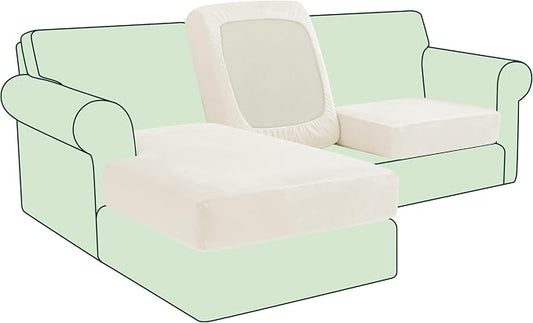 CHUN YI Velvet Couch Cushion Covers, 3 PC Water Resistant Sectional Couch Covers for L Shape Sofa, Individual Seat Cushion Protector for Pets (2 Seater + 1 Chaise, Ivory White) by CHUNYI