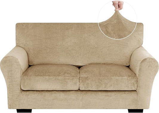 XINEAGE 3-Piece Velvet Loveseat Sofa Cover, Couch Covers for Dog,Camel | 2 Cushion Loveseat,Stretch Non-slip Elastic, Pet-friendly, Washable, Fast Setup, Soft Plush Fabric, Furniture Protector. by XINEAGE