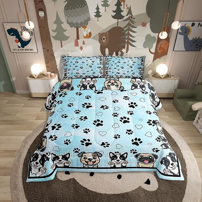 Manfei Cute Dog Paw Comforter Set Queen Size 3 Pcs,Kawaii Dogs Footprint Love Hearts Bedding Set,Cartoon Puppy Pet Animal Lover Blue Quilt Set for Young Adults,2 Pillowcases by Manfei