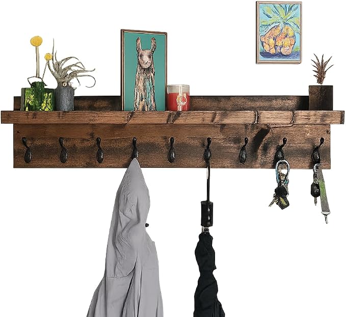 Coat Rack with Shelf Wall Mounted with Storage (Choose Your Length) Towel Rack Entryway Organizer Key Hooks (24" L (6 Hooks)) by DistressedMeNot