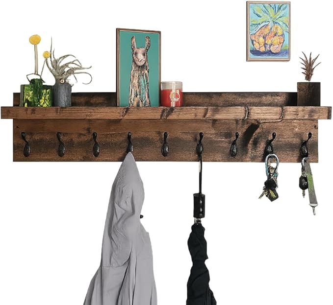 Coat Rack with Shelf Wall Mounted with Storage (Choose Your Length) Towel Rack Entryway Organizer Key Hooks (16" L (4 Hooks)) by DistressedMeNot