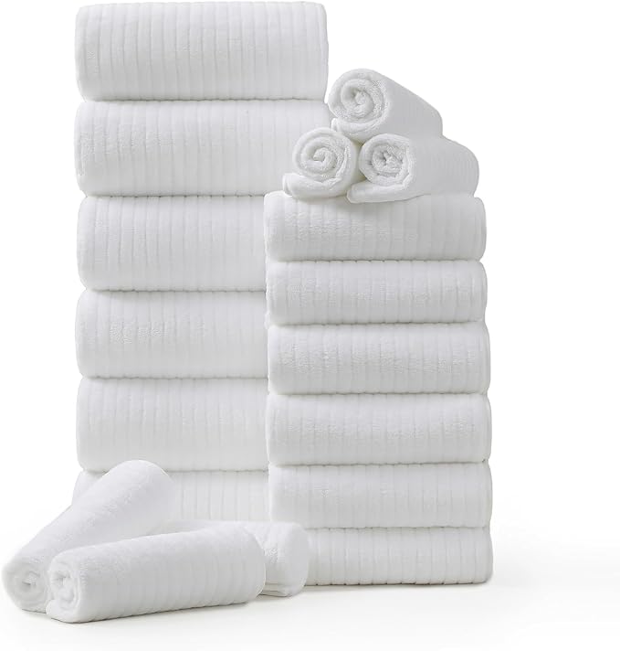 18 Piece Family Bath Towel Set Include 6 Bath Towels,6 Hand Towels and 6 Washcloths Soft Bathroom Towel with Hanging Loops,Highly Absorbent Quick Dry Towels Set for Bathroom,Hotel and Spa-White by Hailea