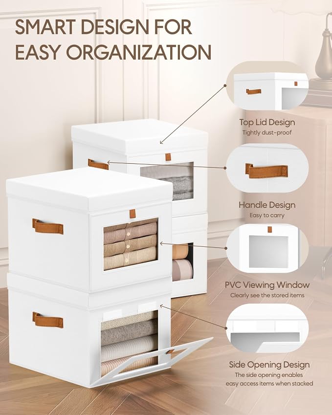 Homsorout Storage Bins with Lid – Closet Organizer with Side Opening and Clear Window, Foldable Stackable Fabric Basket for Clothes, Home, Office - 13.77" x 11.8" x 9.8", 3 Pack, White - Image 2