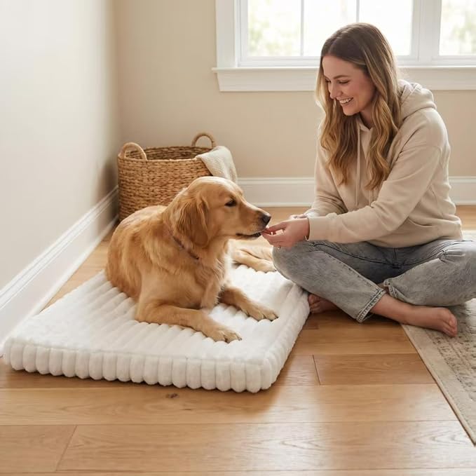 Dog Beds for Large Dogs, Orthopedic High Density Egg Crate Foam Pet Bed with Waterproof Liner, Washable Ribbed Plush Dog Crate Pad with Durable Edges, XL (35.4"x27.5"), Cream - Image 8