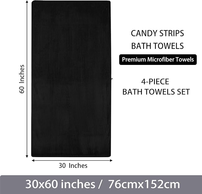 4 Piece Bath Towels, 30"x60" Microfiber Towels Set, Black | Large Bathroom Towels, Soft Touch, Highly Absorbent, Quick Dry, Lint Free, Long-Lasting, Family Use, Guest Bath & Daily Use - Image 7