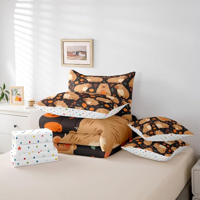 Erosebridal Cute Capybara Bed in A Bag Twin Size for Capybara Lovers, Kawaii Aninal Comforter Set with Sheets, Persimmon 7 Pieces Bedding Set, Cartoon Fruit Bedding Comforter Sets, Black - Image 5