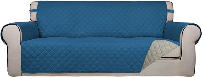 PureFit Reversible Quilted Sofa Cover Dog Couch Covers for Sofa, 66 in | Peacock Blue/Beige, Water Resistant Couch Protector, Washable Pet Couch Cover with Non Slip and Elastic Straps For Kids by PureFit
