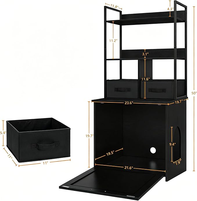 Dwanton Litter Box Enclosure with 2 Storage Shelves and 2 Drawers, 2-in-1 Hidden Cat Litter Box Enclosure Furniture with Shelf, Reversible Entrance, Washable Drawers, 50-Inch, Black - Image 3