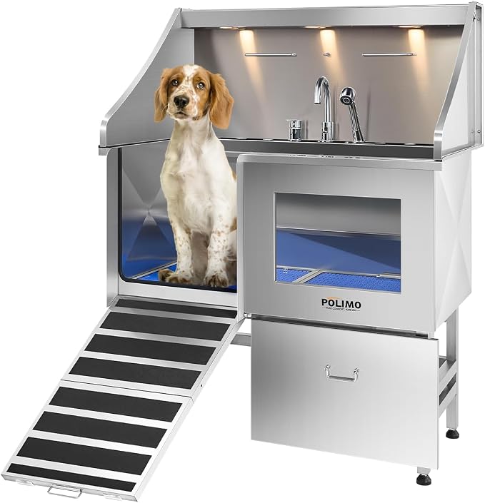 POLIMO Dog Washing Station, LED Professional Stainless Steel Dog Bathing Station 38", Dog Grooming Tub for Large, Medium & Small Dog - with Window, Ramp, Drawer, Floor Grate & Faucet (Left Ramp, 38") by BathTimeMadeEasy