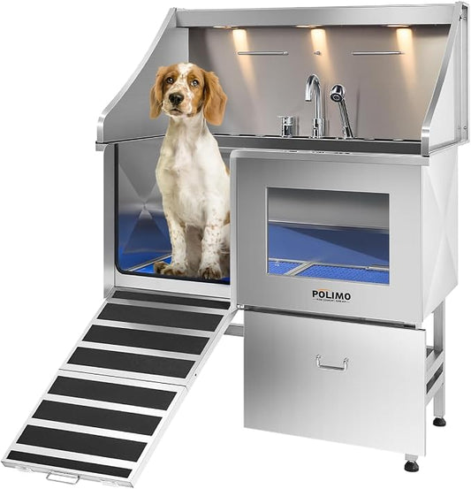 POLIMO Dog Washing Station, LED Professional Stainless Steel Dog Bathing Station 38", Dog Grooming Tub for Large, Medium & Small Dog - with Window, Ramp, Drawer, Floor Grate & Faucet (Left Ramp, 38") by BathTimeMadeEasy