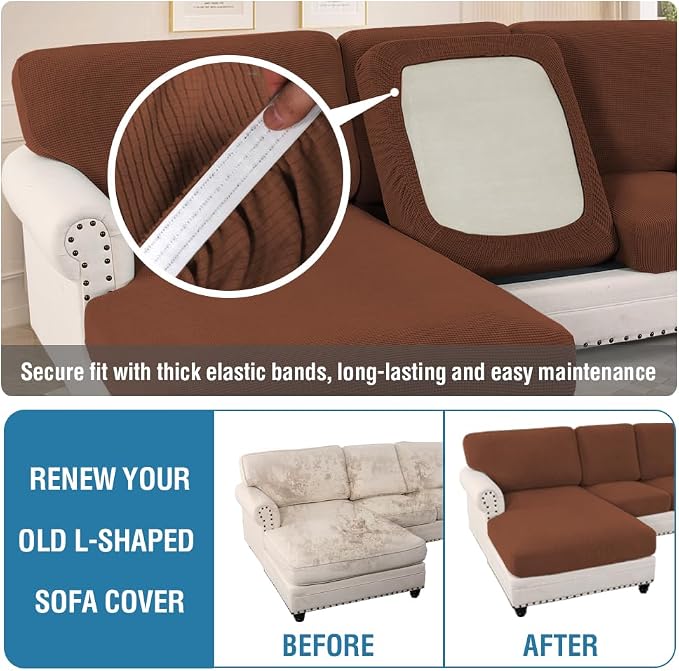 H.VERSAILTEX Sectional Couch Covers 8 Pieces Stretch Sofa Covers for Sectional Sofa Set Separate L Shaped Couch Cover for Both Left/Right Couch (Seat and Back: 1 Chaise + 3 Sofa, Caramel) - Image 6
