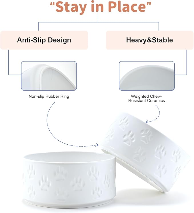 SPUNKYJUNKY Ceramic Dog and Cat Bowls 2 Pack, 6.1'' Dog and Cat Food Water Double Feeding Bowls Non-Slip for Large Sized Breed Microwave Dishwasher Safe - 28.7 OZ, 2pcs, Paw White - Image 4