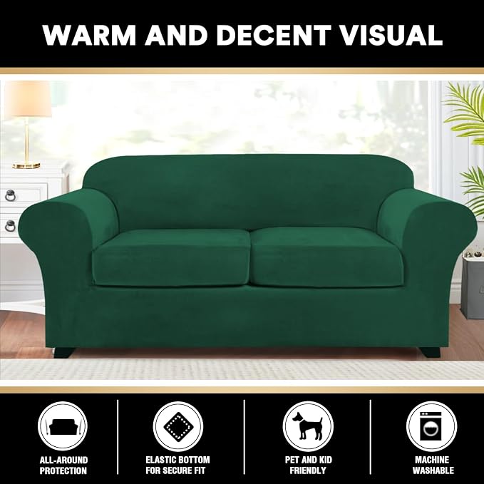 PrinceDeco 3 Pieces Sofa Covers Velvet Couch Covers for 2 Cushion Sofa Soft Sofa Covers for 2 Cushion Couch Width Up to 90 Inch Feature Thick Soft Stay in Plac(Medium-Large, Green) - Image 6