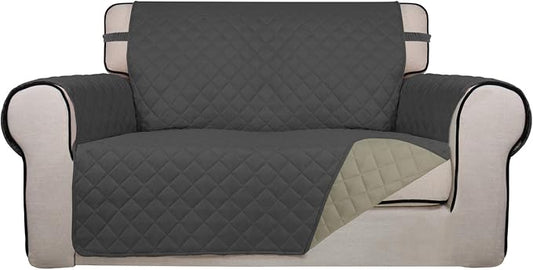 PureFit Reversible Quilted Couch Covers for Dogs Loveseat Sofa Cover 46.5” | Dark Gray/Beige, Water Resistant Couch Protector, Washable Pet Couch Cover with Non Slip and Elastic Straps For Kids by PureFit