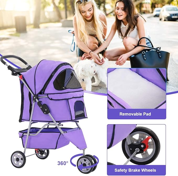 BestPet 3 Wheels Pet Stroller Dog Cat Cage Jogger Stroller for Medium Small Dogs Cats Folding Travel Carrier with Cup Holder, Waterproof Design & Removable Liner, Purple