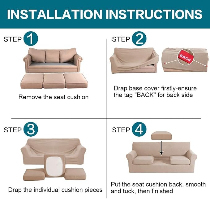 Turquoize 4 Piece Sofa Covers for 3 Cushion Couch Sofa Slipcover Soft Couch Cover for Dogs Washable Furniture Cover with 3 Individual Large Cushion Covers Feature Fabric (Large Sofa, Sand) - Image 6