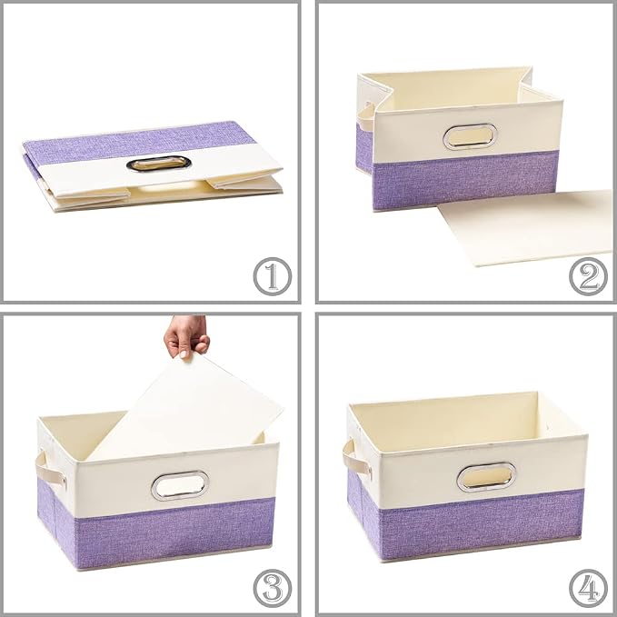 PRANDOM Large Fodable Storage Bins for Closet [3-pack] Decorative Fabric Storage Baskets Cubes with Leather/Metal Handles for Shelves Bedroom Living Room Purple&Cream (14.9x9.8x8.3 Inch) - Image 5