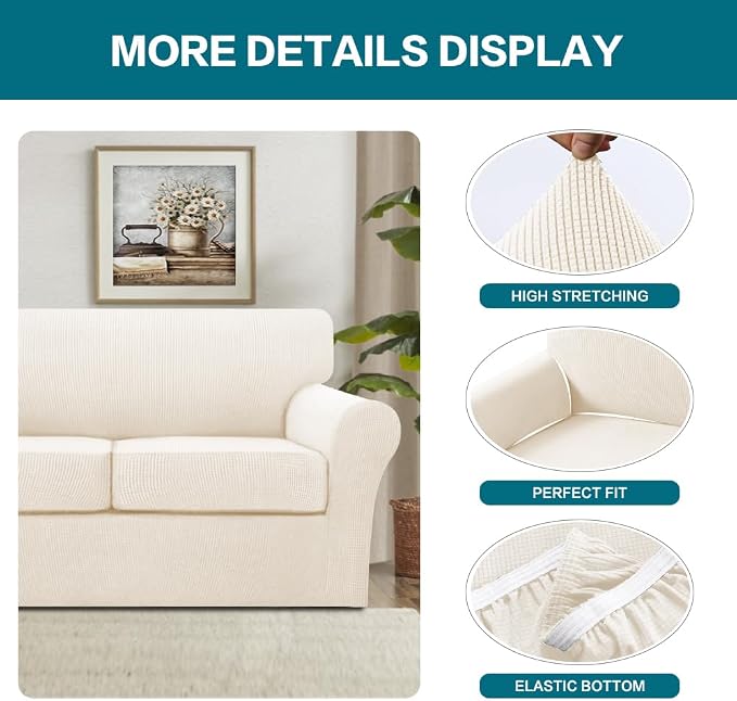 Turquoize 4 Piece Sofa Covers for 3 Cushion Couch Sofa Slipcover Soft Couch Cover for Dogs Washable Furniture Cover with 3 Individual Large Cushion Covers Feature Fabric (Large Sofa, Cream) - Image 4