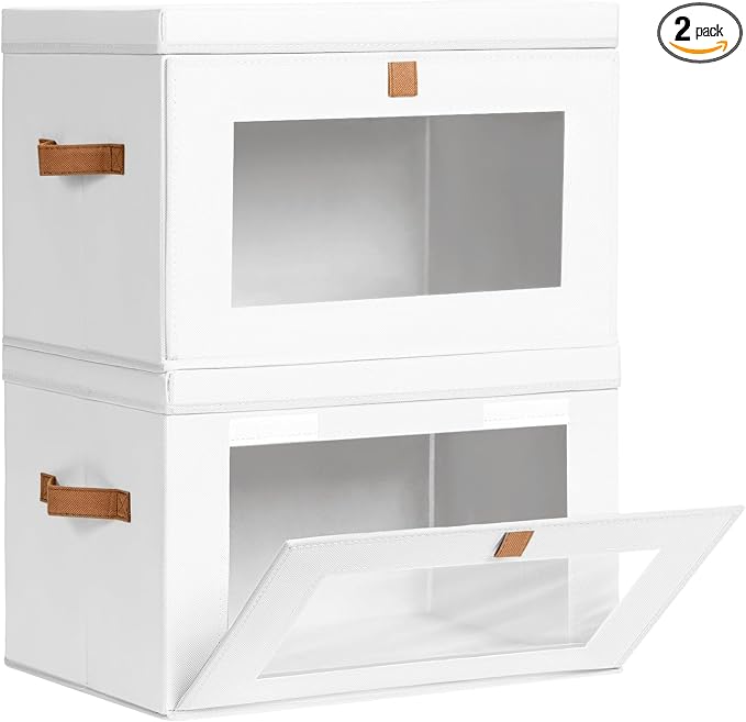 Homsorout Large Clothing Storage Bins - Collapsible Boxes with Handles & Window, Decorative Organizer Bins with Lids, Fabric Containers for Living Room, Dorm, 2 Pack, White by Homsorout
