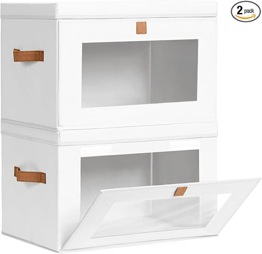 Homsorout Large Clothing Storage Bins - Collapsible Boxes with Handles & Window, Decorative Organizer Bins with Lids, Fabric Containers for Living Room, Dorm, 2 Pack, White by Homsorout