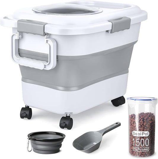 Dog Food Storage Container, 10-20 lbs Airtight Collapsible Cat Food Storage Container with Attachable Wheels, Portable Handle, Dog Food Scoop for Dog Cat Bird Pet Dry Food Storage Bin Light Grey by TIOVERY