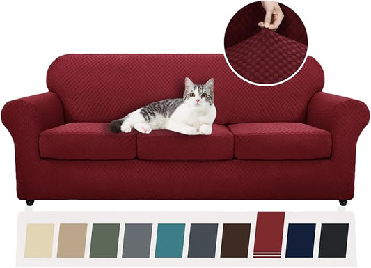 YEMYHOM Latest Checkered 4 Pieces Couch Covers for 3 Cushion Couch High Stretch Thickened Sofa Cover for Dogs Pets Elastic Slipcovers Living Room Furniture Protector (Wine Red), 71"-91"(3 Cushions) by YEMYHOM