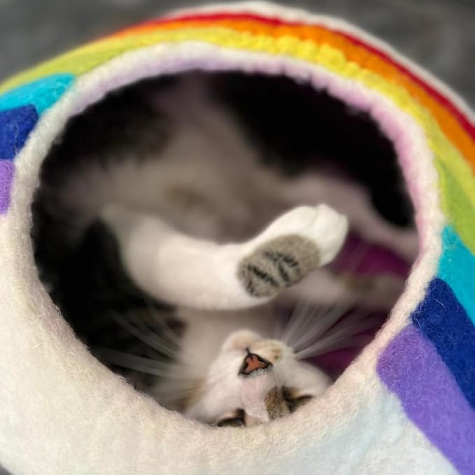 Wool Cat Cave Bed - Eco Kitty Cave - Fair Trade, Handmade, Organic Cat Hideout - 20" Extra Large (X-Large, Rainbow) - Image 4