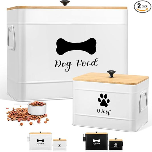 Newtay 2Pcs Extra Large Metal Dog Food Containers Airtight 12 & 3.5 Lbs Dog Treat Snack Jars Set of 2 with Bamboo Lids and Spoons Farmhouse Big Pet Cookie Storage Jars for Kitchen Counter Gift (White) by Newtay