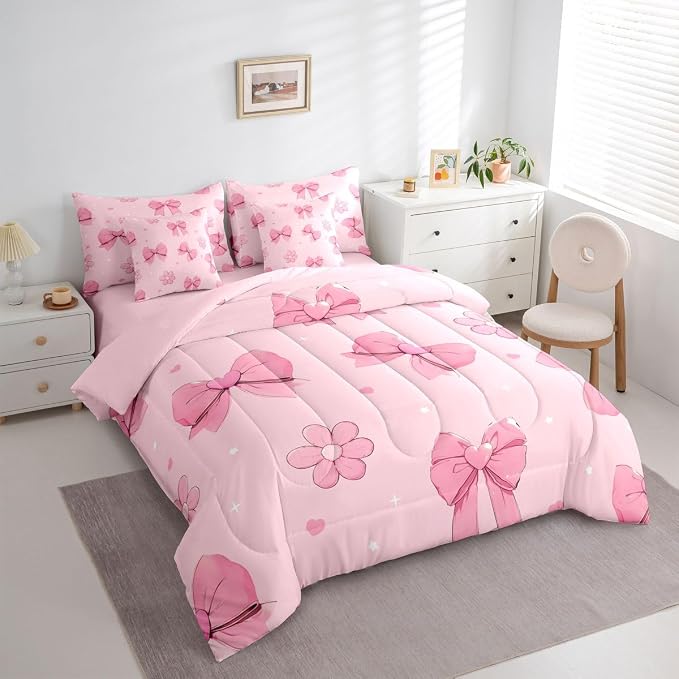 Erosebridal Pink Bows 7 Piece Comforter Set Full Size Girly Bowknot Bedding Set for Kids Girls Bedroom Pink Bows Comforter with Sheets Microfiber Bow Ribbon Heart Pattern Quilt Set Flower Bed Set - Image 2