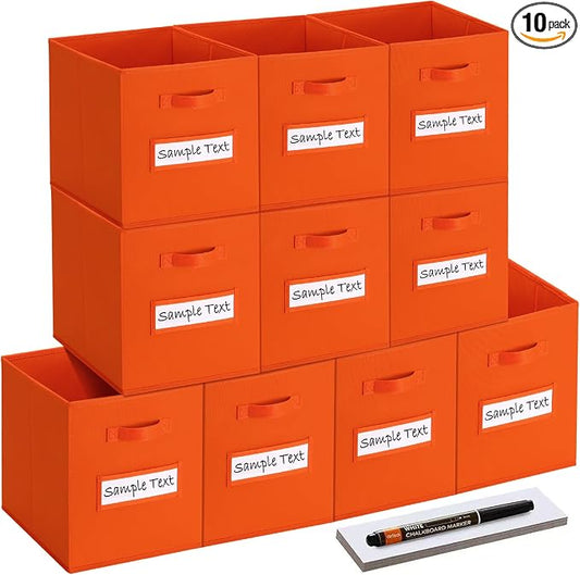13x13 storage cube bins (Set of 10) Foldable Fabric storage cubes with 10 Labels Window Cards & a Pen,13 inch cube storage bins,Closet Organizers for Shelves,Cubby Organizer Boxes,Orange by Artsdi