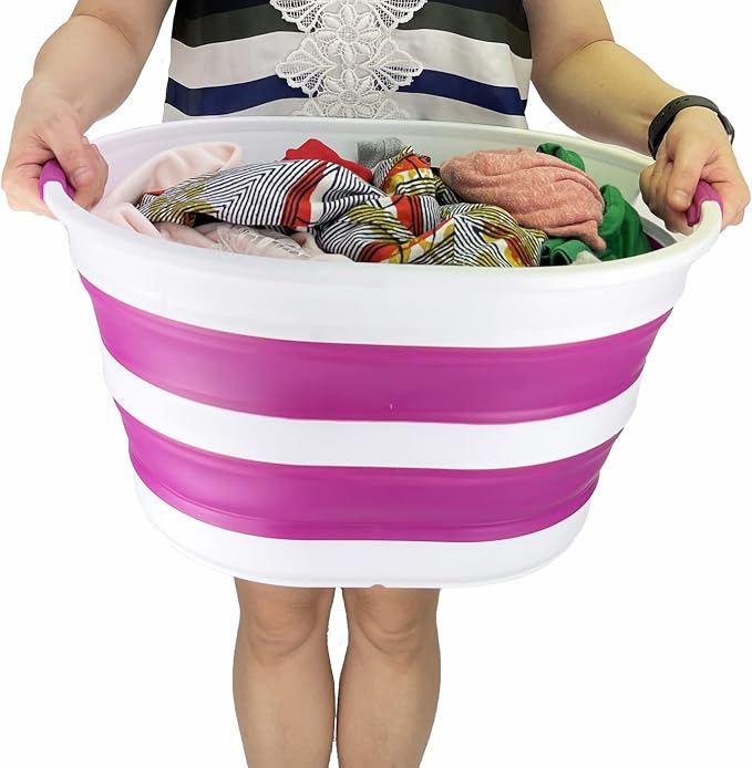 SAMMART 23L (6 Gallons) Collapsible Plastic Laundry Basket - Oval Tub/Basket - Foldable Storage Container/Organizer - Portable Washing Tub (White/Purple (Set of 2)) - Image 2