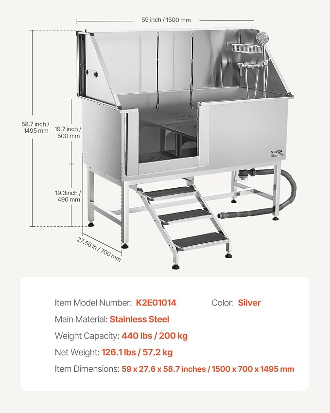 VEVOR Stainless Steel Dog Washing Station, Professional 62 inch Pet Grooming Tub w/Stairs, PE Water Filter Board, Faucet & Showerhead & Soap Holder Bathtub for Large & Medium & Small Pets (Left Door) - Image 7